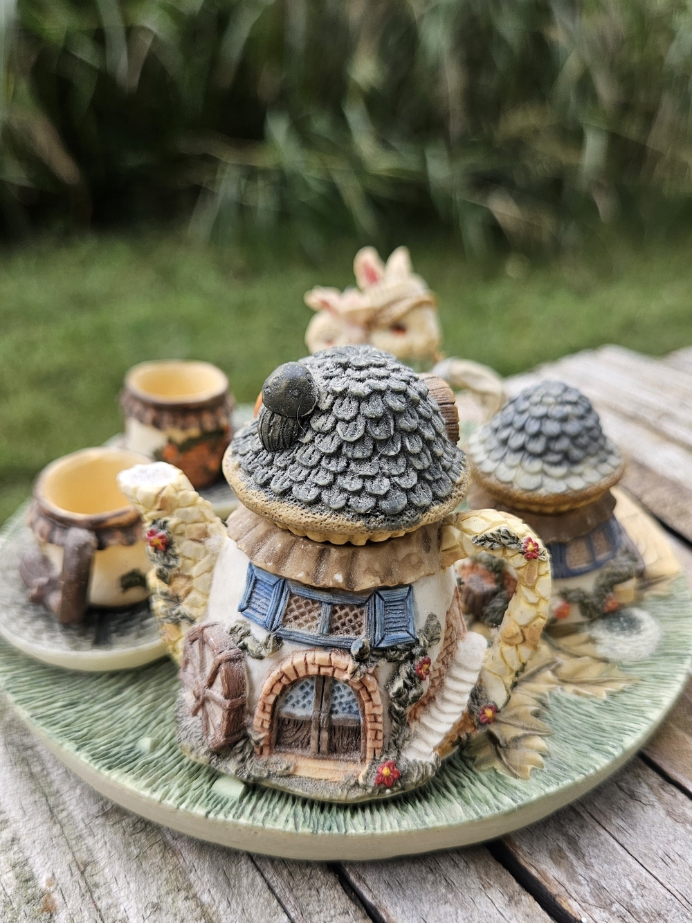 Whimsical Cottage Teapot Set - Blue & Cream Home Art